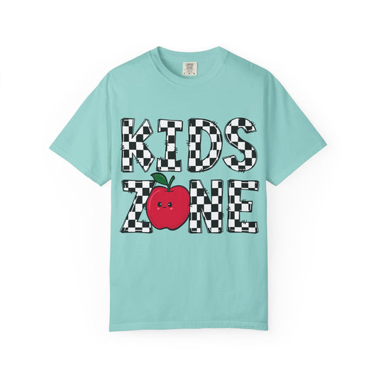Kids Zone T-Shirt — Checkerboard Text with Cute Apple Graphic