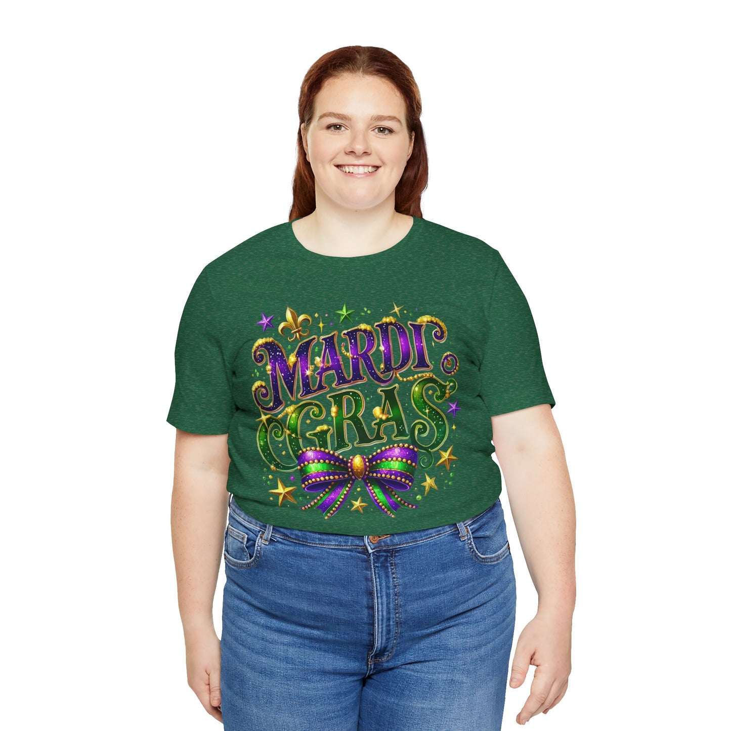 Mardi Gras Tee — Festive Purple, Green & Gold Carnival Shirt with Mask Bow