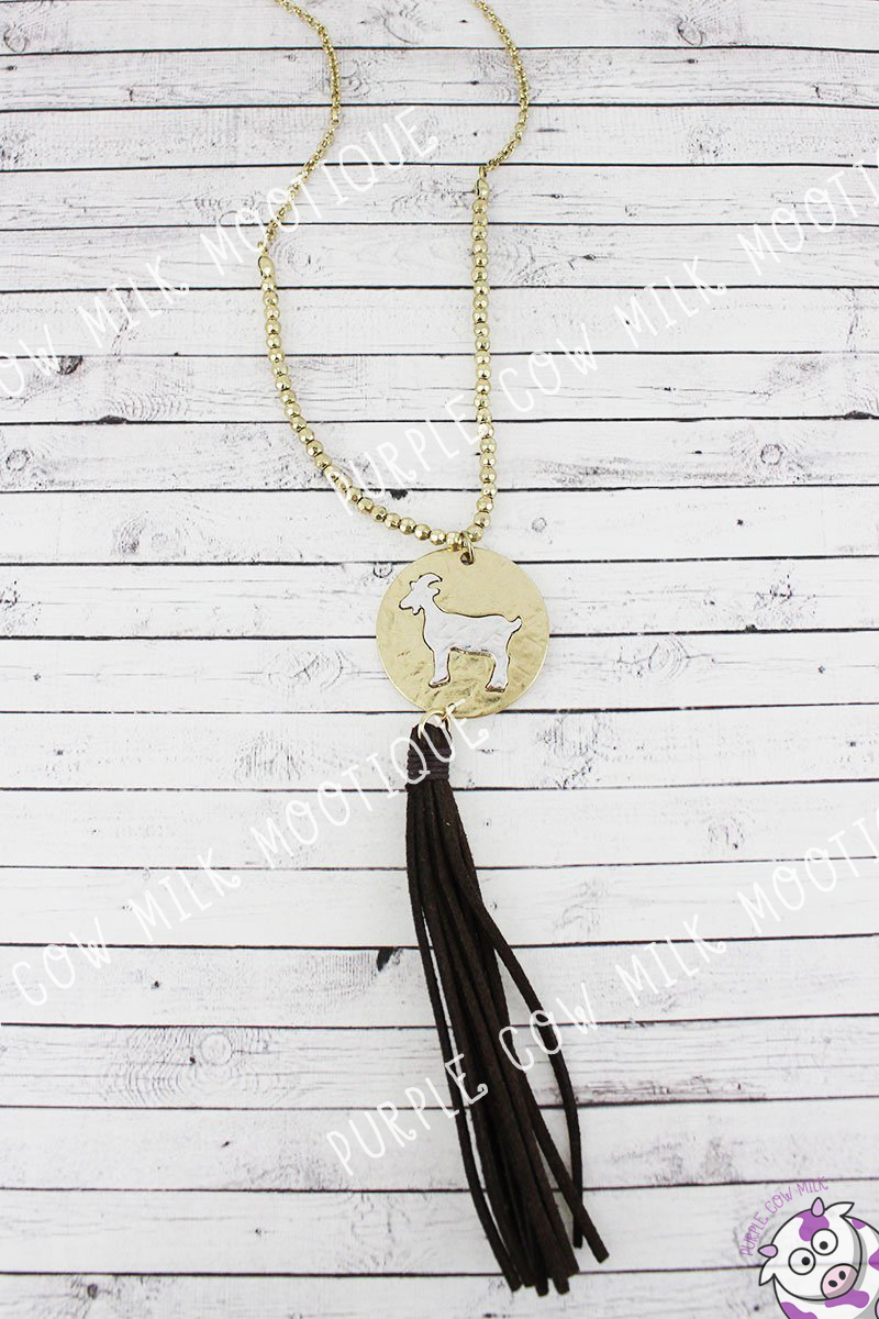 Two-Tone Goat Disk and Faux Suede Tassel Necklace