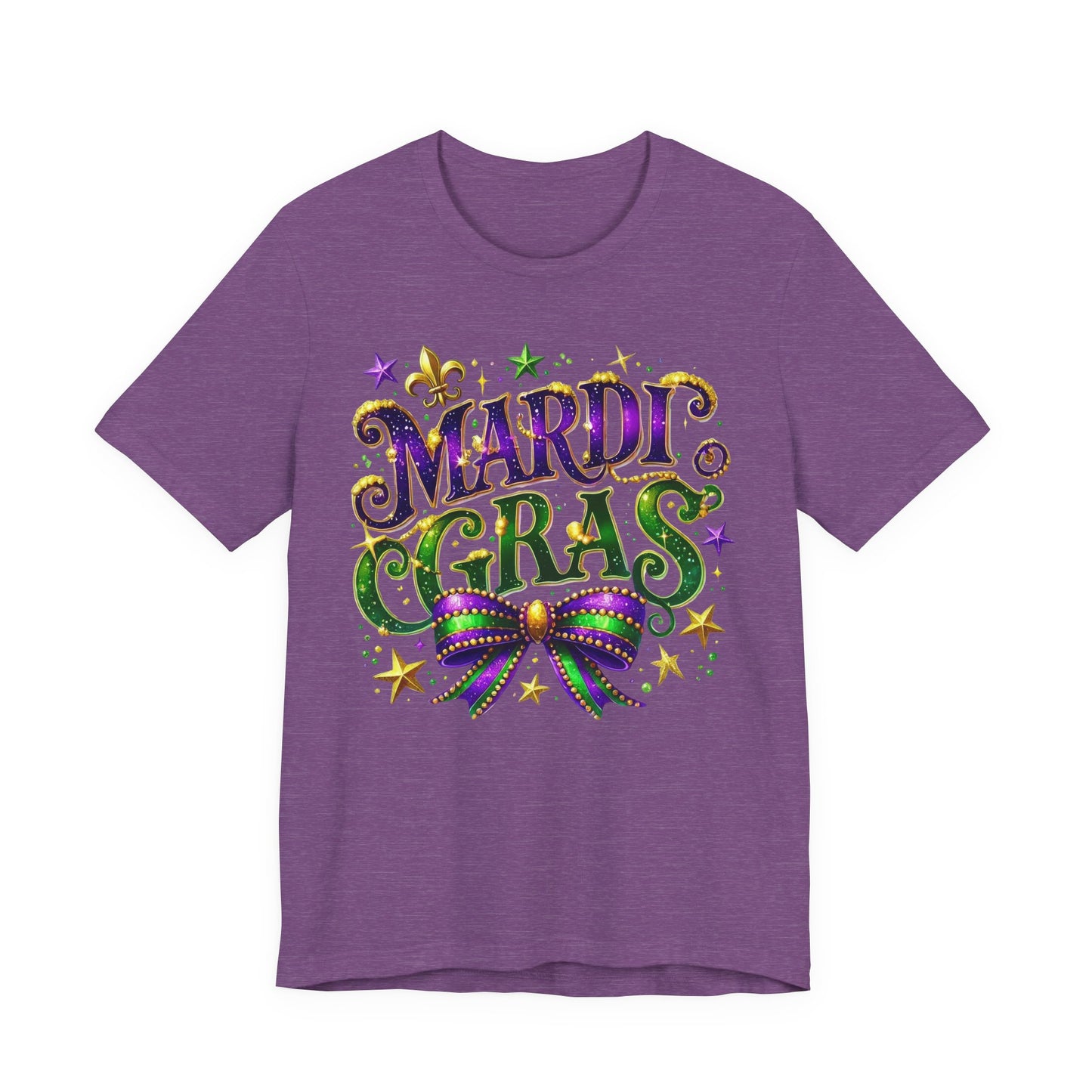Mardi Gras Tee — Festive Purple, Green & Gold Carnival Shirt with Mask Bow
