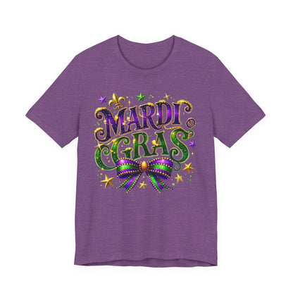 Mardi Gras Tee — Festive Purple, Green & Gold Carnival Shirt with Mask Bow