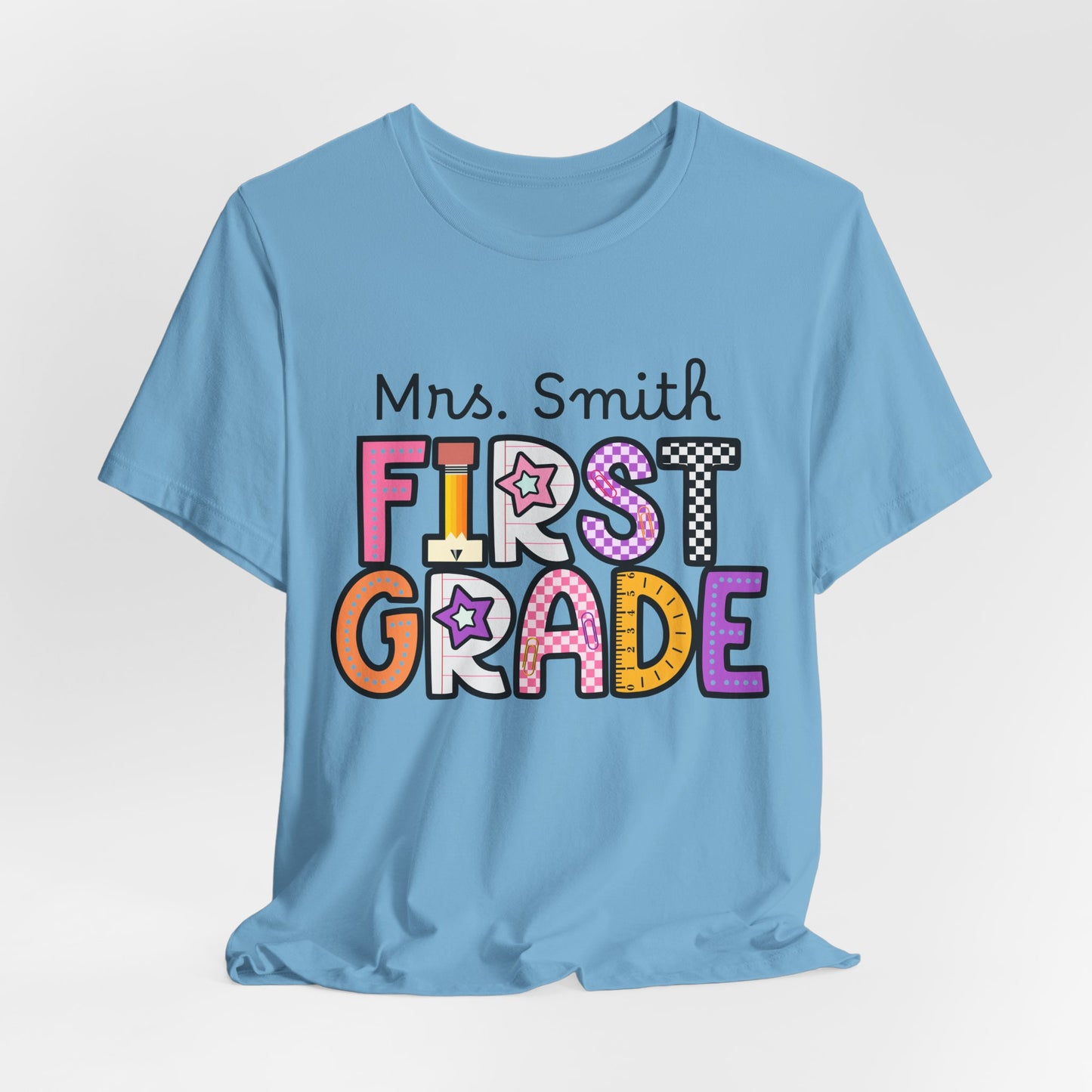 Personalized Colorful First Grade Teacher Graphic Tee
