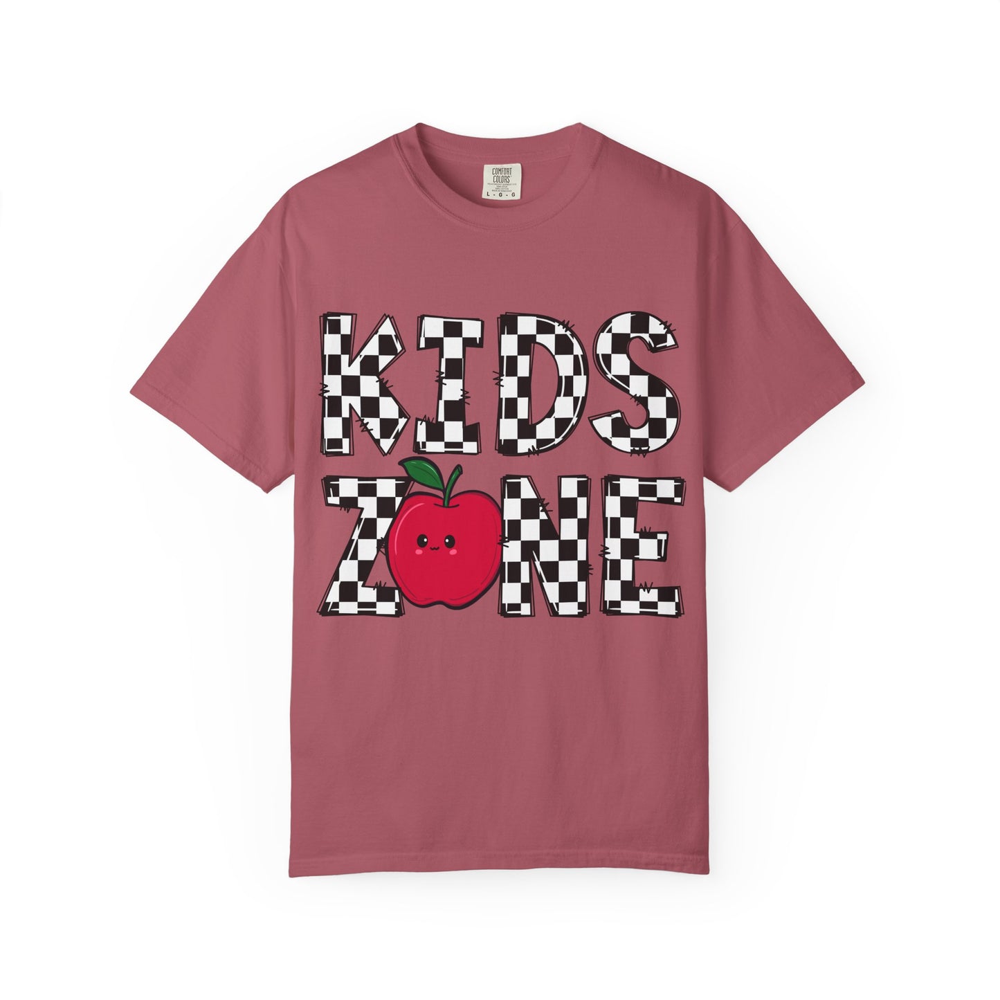 Kids Zone T-Shirt — Checkerboard Text with Cute Apple Graphic