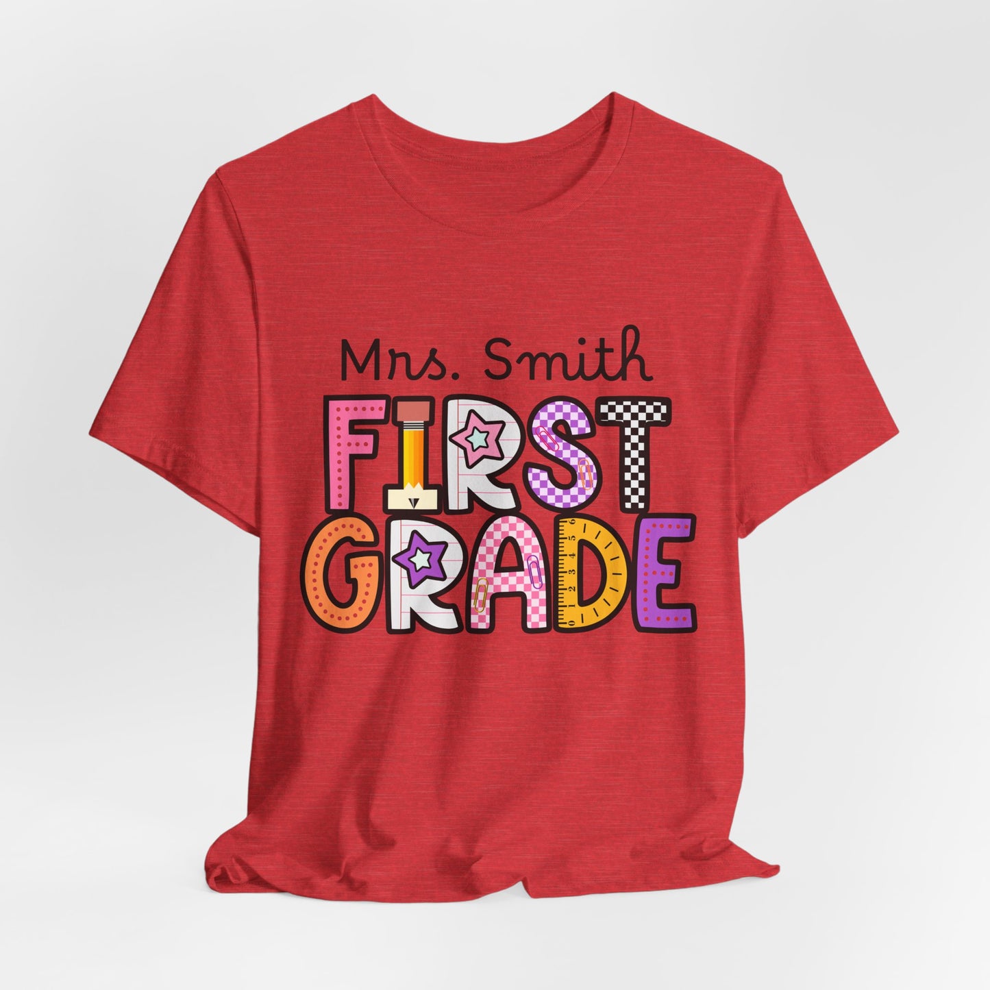 Personalized Colorful First Grade Teacher Graphic Tee