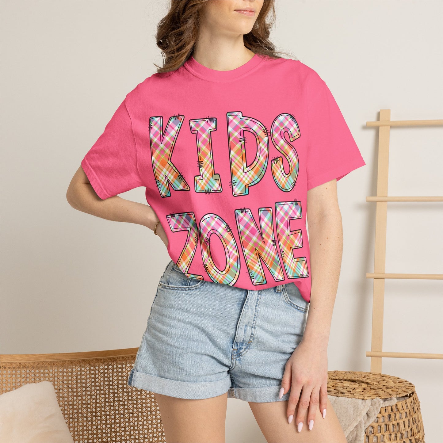 Kids Zone Daycare Comfort Colors Tee - Spring Pastels Plaid