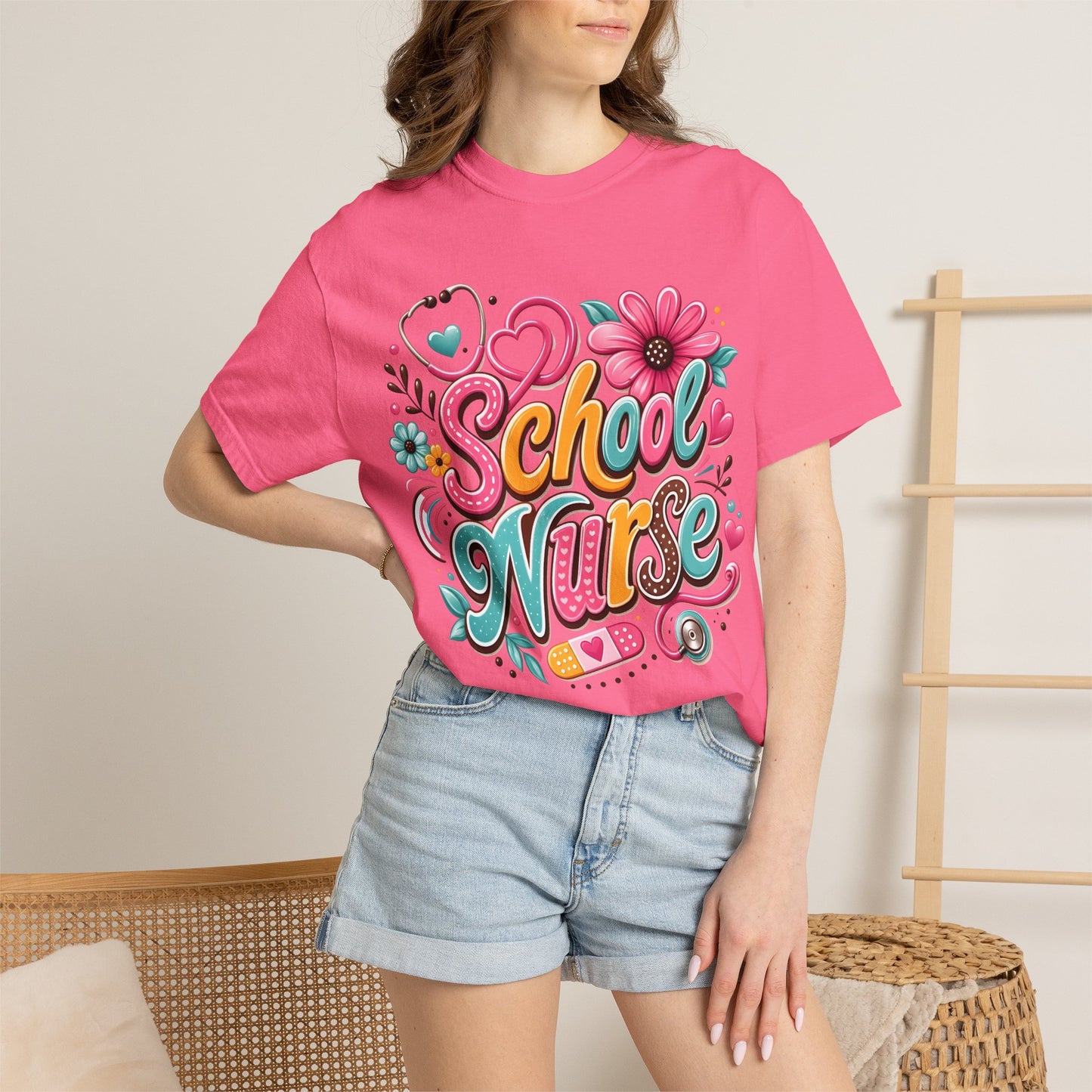 School Nurse T-Shirt — Cute Floral Stethoscope Design