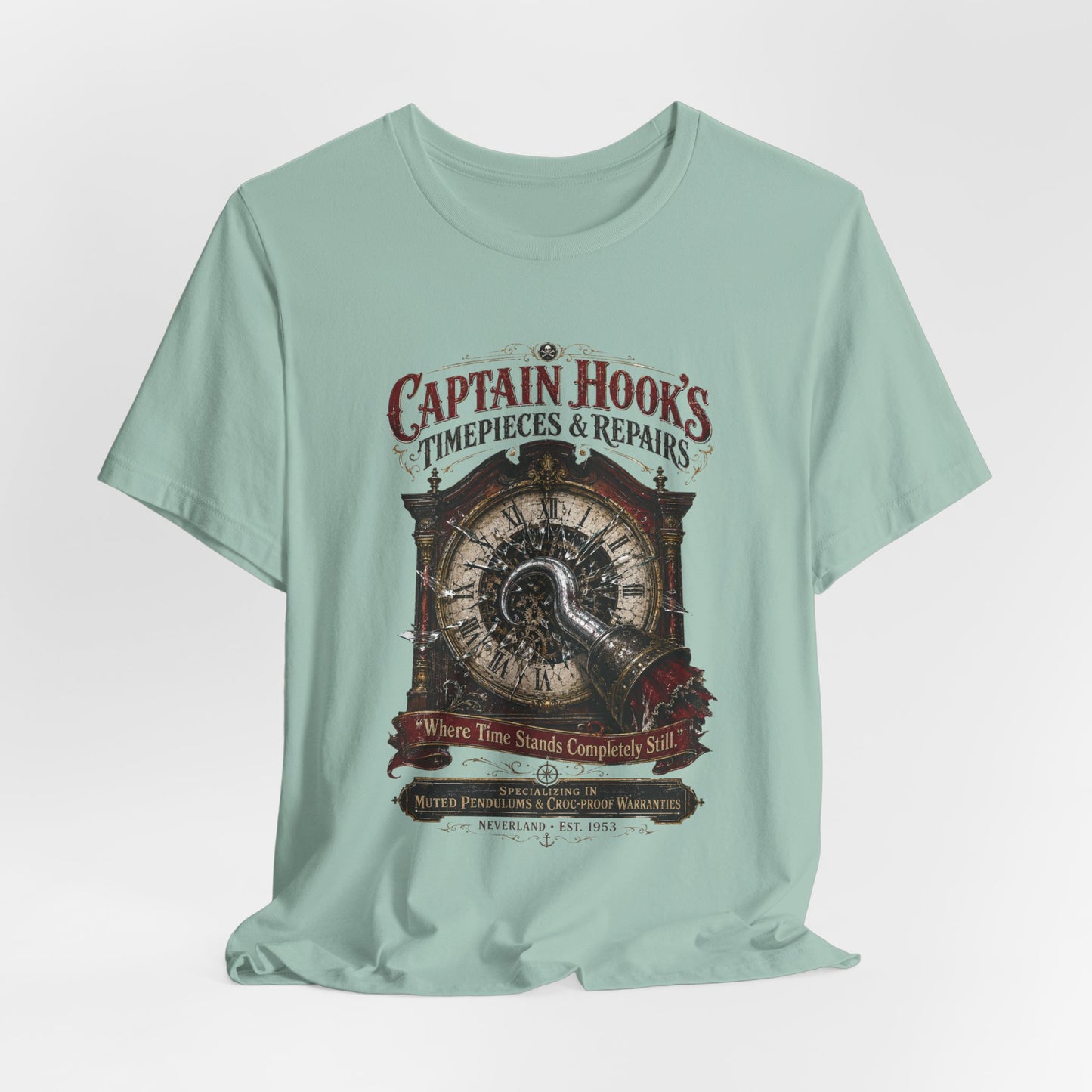Captain Hook's Timepieces & Repairs Tee — Vintage Nautical Clock Pirate Shirt