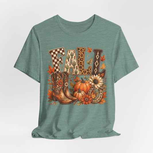 Fall Y’all T-Shirt — Cowboy Boots, Pumpkins & Sunflower Autumn Tee