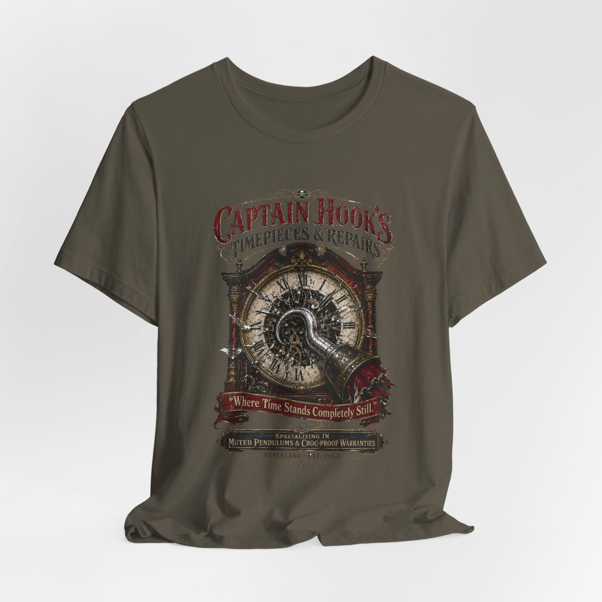 Captain Hook's Timepieces & Repairs Tee — Vintage Nautical Clock Pirate Shirt