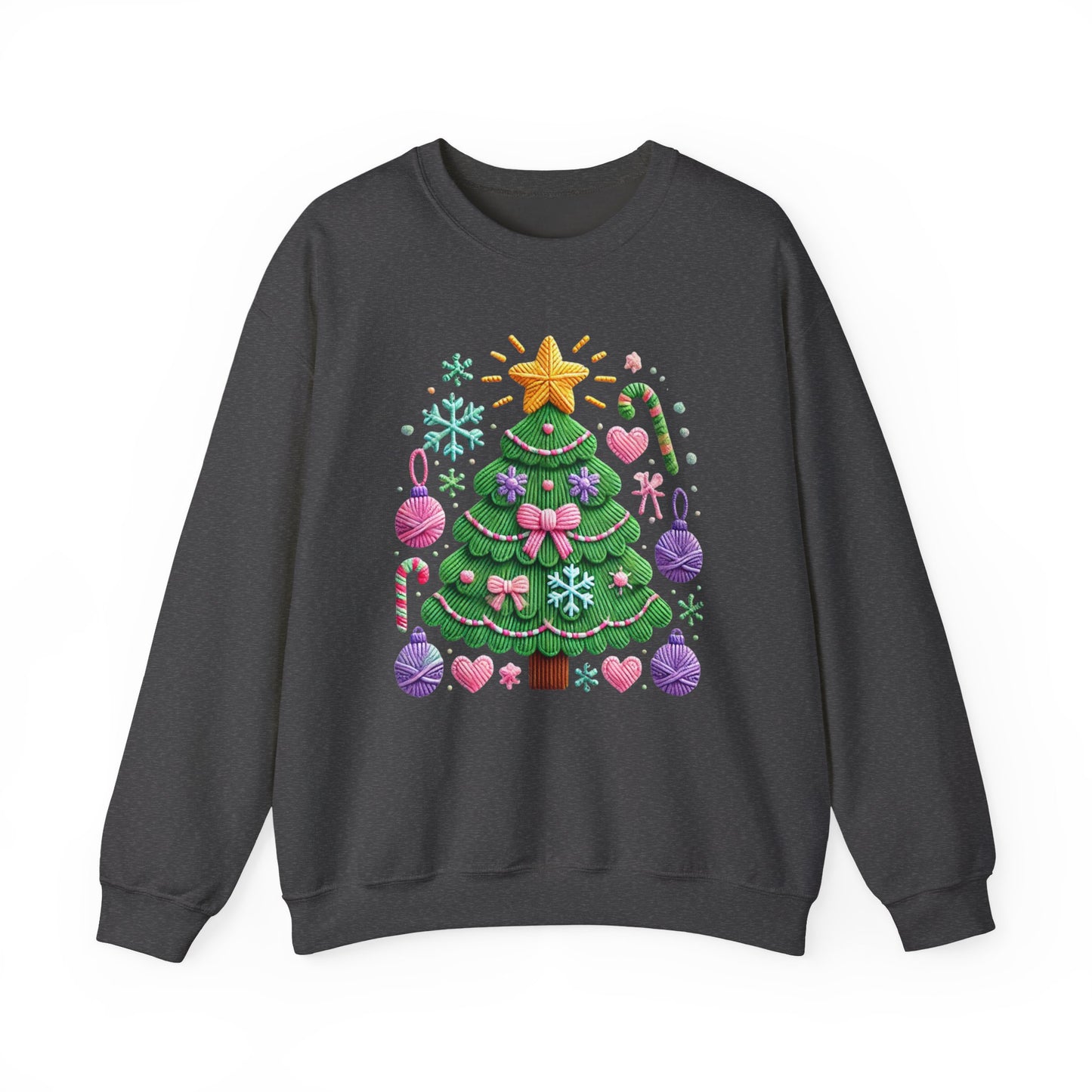 Cute Yarn Christmas Tree, Candy Cane & Ornaments Holiday Crewneck Sweatshirt