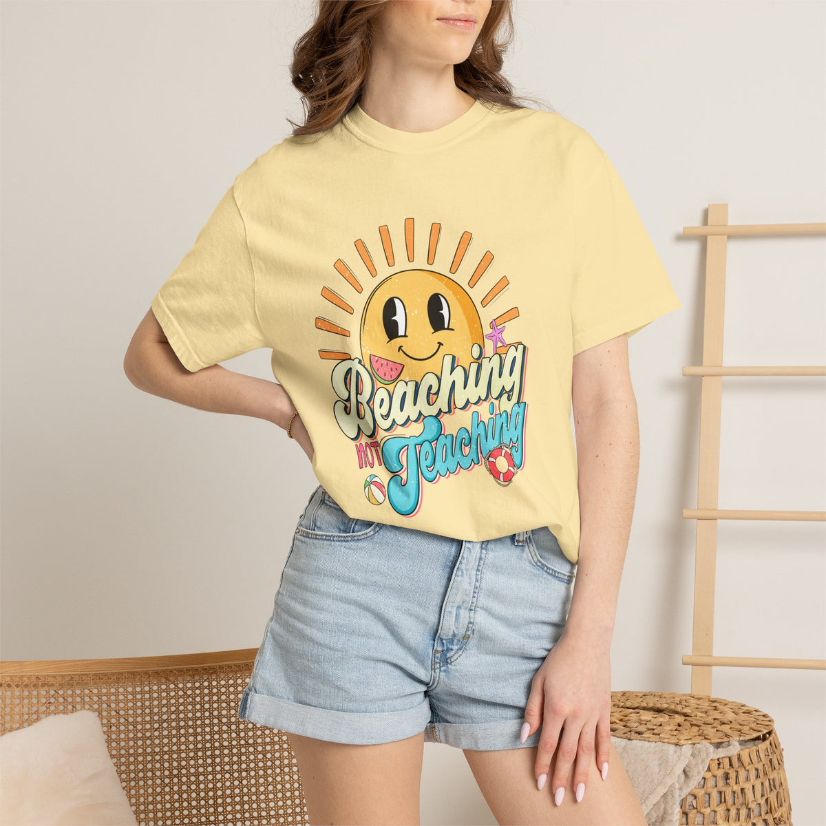 Beaching Not Teaching T-Shirt - Unisex Fun Tee for Summer, Gift for Teachers, Perfect for Vacations, Surfing and Relaxation