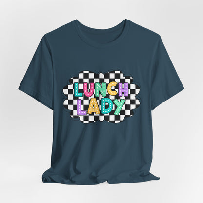 Lunch Lady T-Shirt — Retro Checkerboard Graphic Tee for School Staff & Cafeteria Heroes