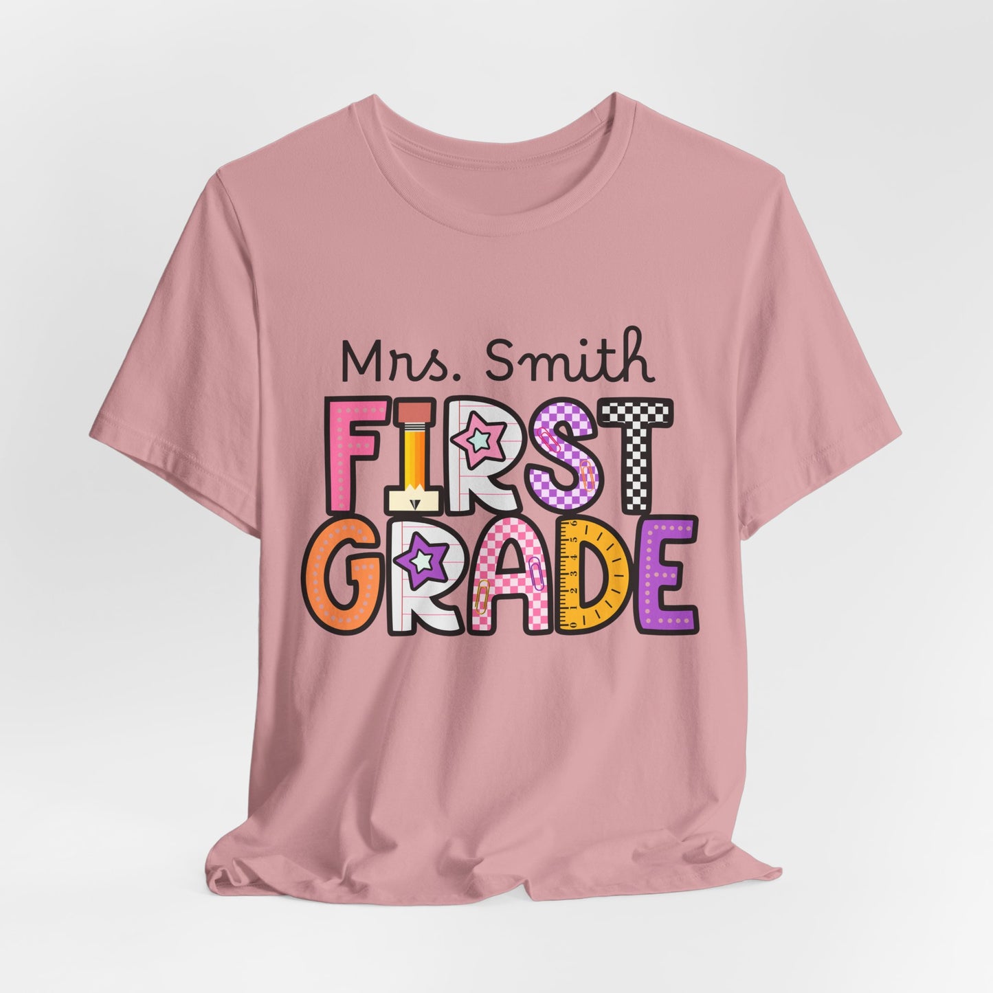 Personalized Colorful First Grade Teacher Graphic Tee