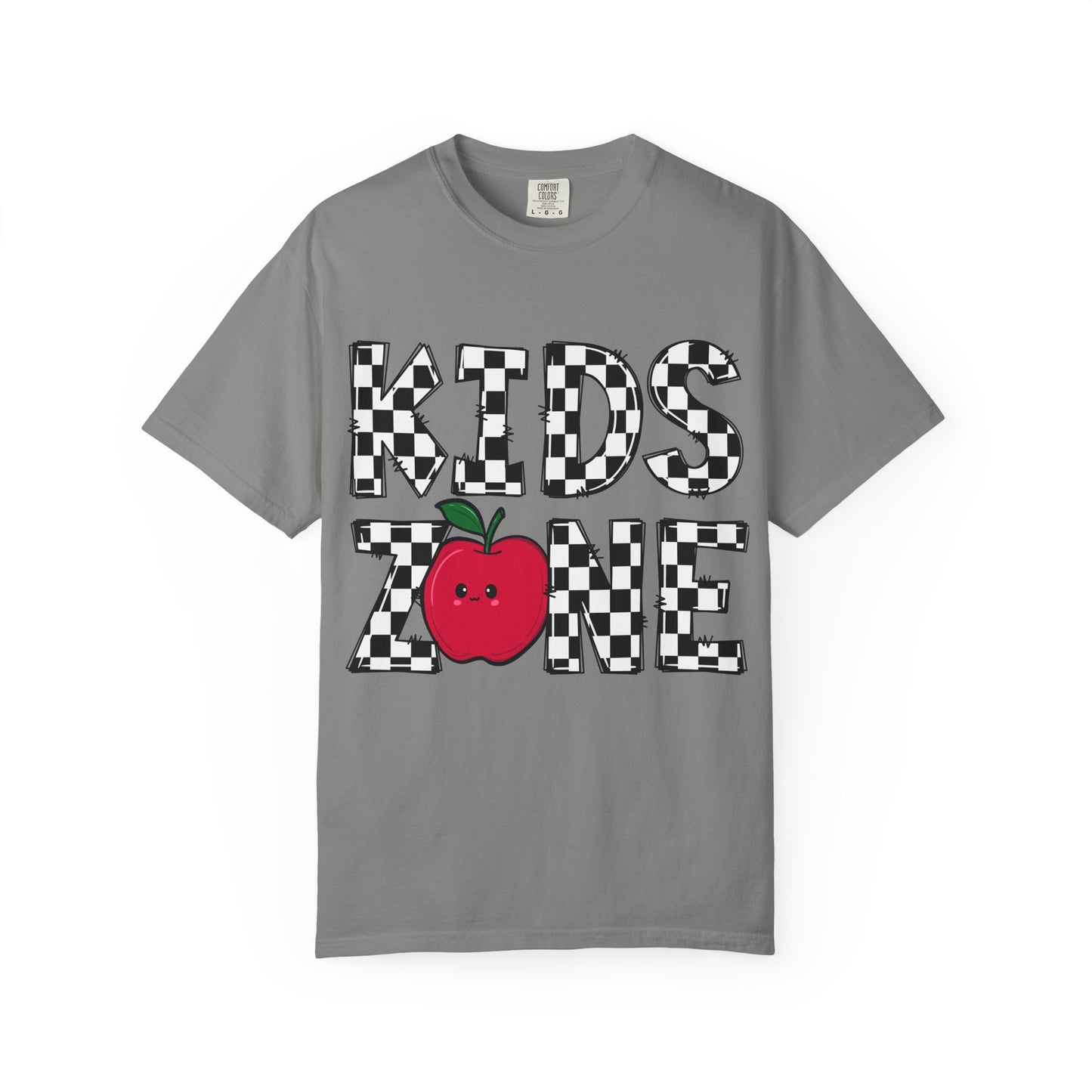 Kids Zone T-Shirt — Checkerboard Text with Cute Apple Graphic