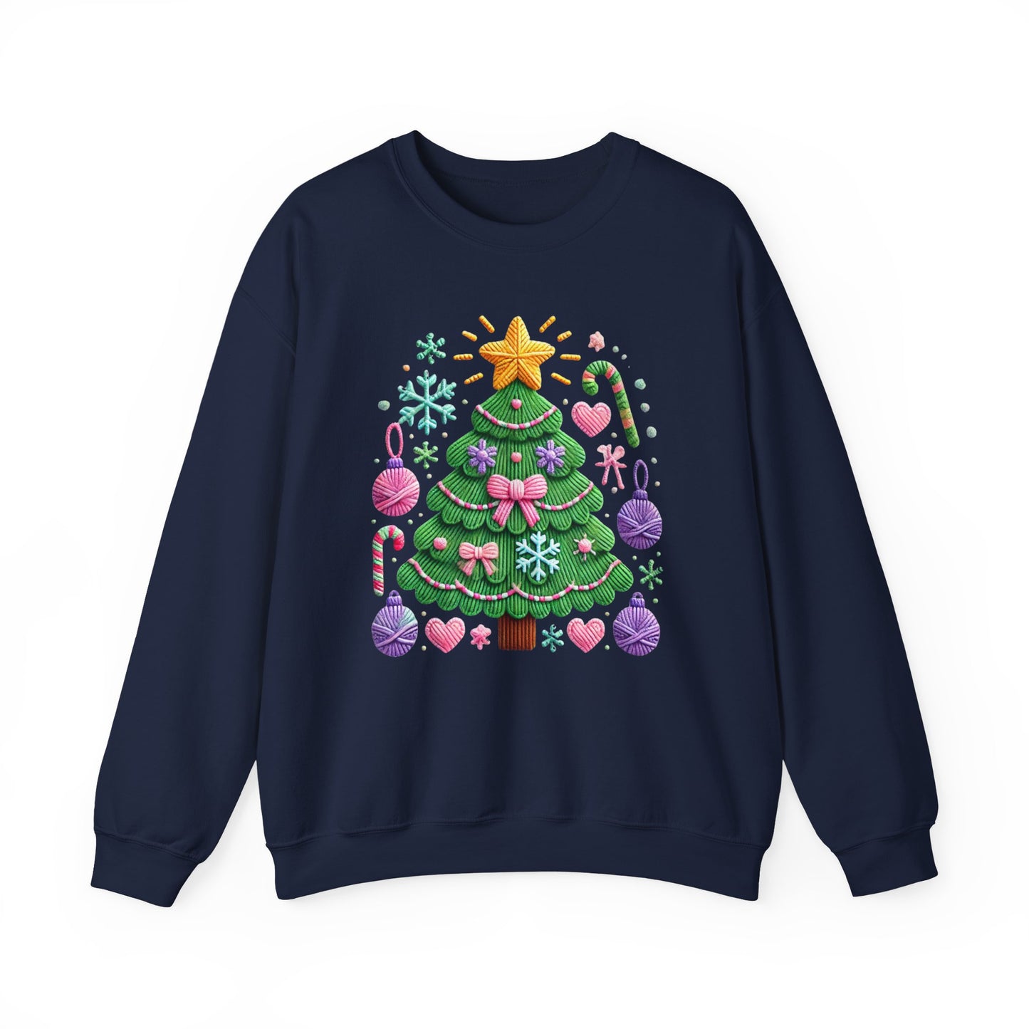 Cute Yarn Christmas Tree, Candy Cane & Ornaments Holiday Crewneck Sweatshirt