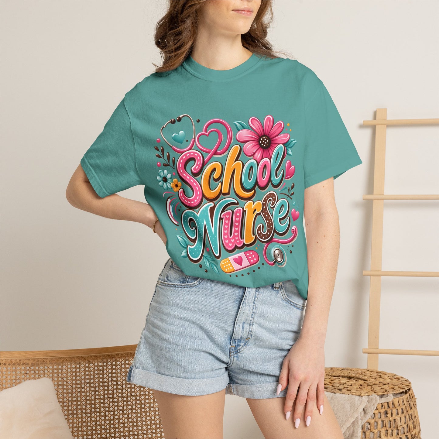 School Nurse T-Shirt — Cute Floral Stethoscope Design