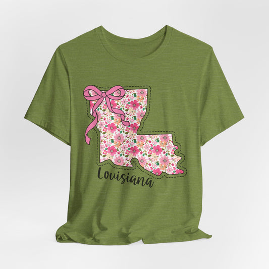 Louisiana Floral State Tee — Pink Bow & Script