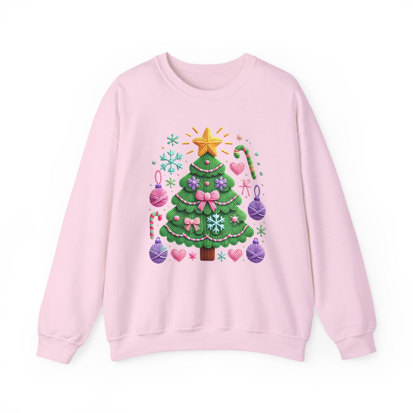 Cute Yarn Christmas Tree, Candy Cane & Ornaments Holiday Crewneck Sweatshirt