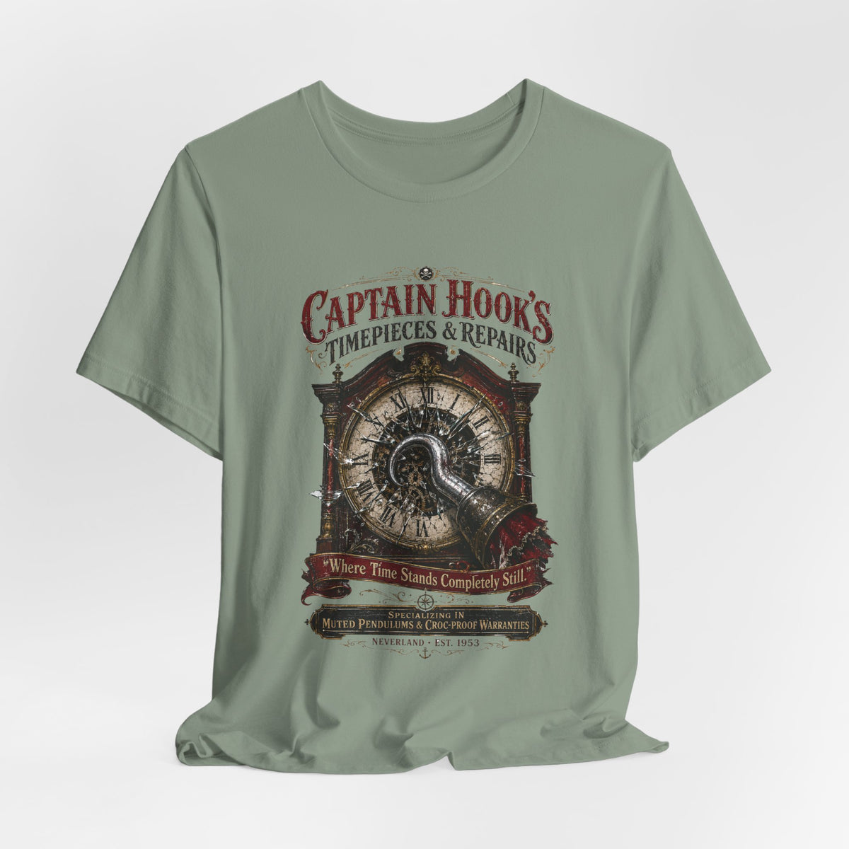 Captain Hook's Timepieces & Repairs Tee — Vintage Nautical Clock Pirate Shirt
