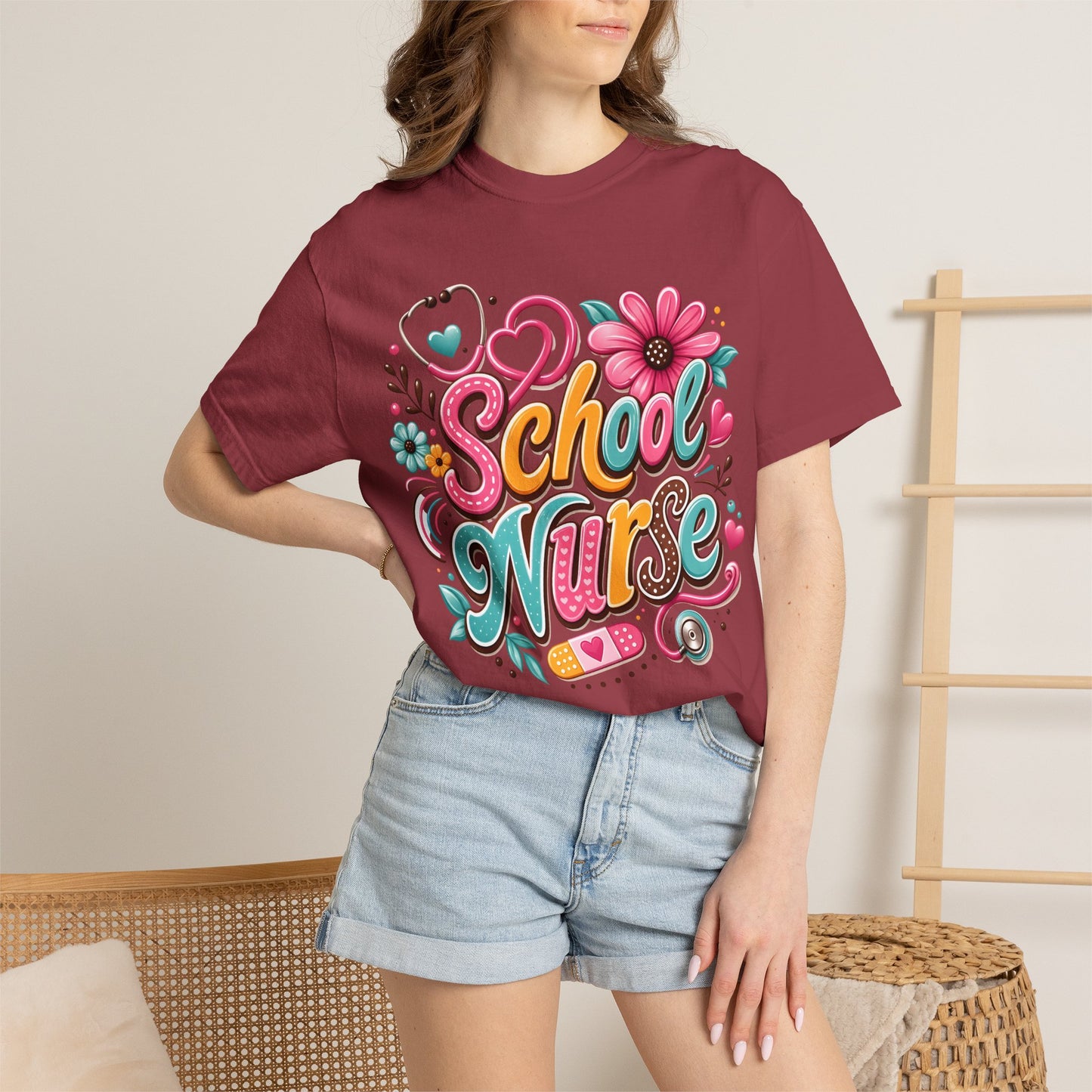 School Nurse T-Shirt — Cute Floral Stethoscope Design
