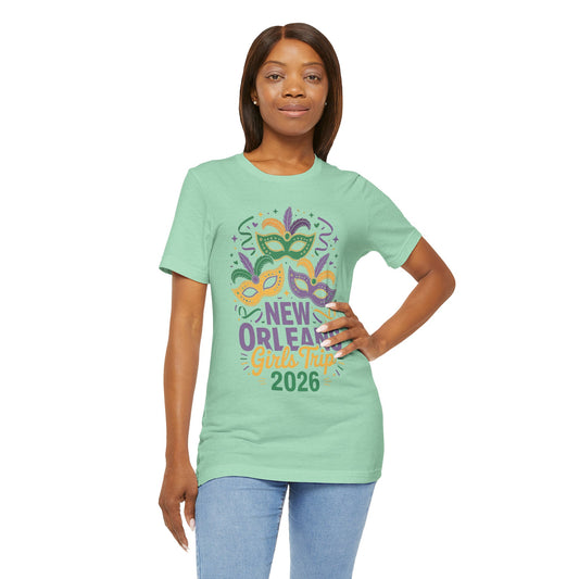 New Orleans Girl Trip 2026 T-Shirt — Mardi Gras Masks Bachelorette Tee