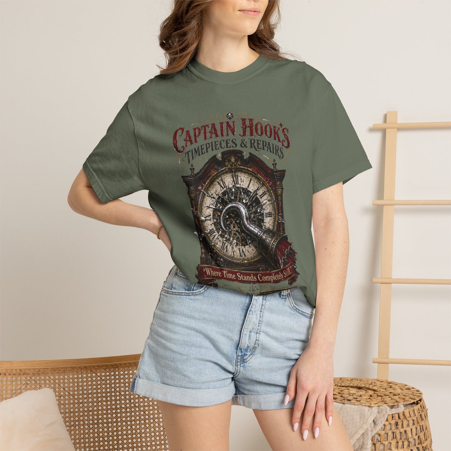Captain Hook's Timepieces & Repairs Vintage Clock T-Shirt — Nautical Steampunk Repair Shop Tee
