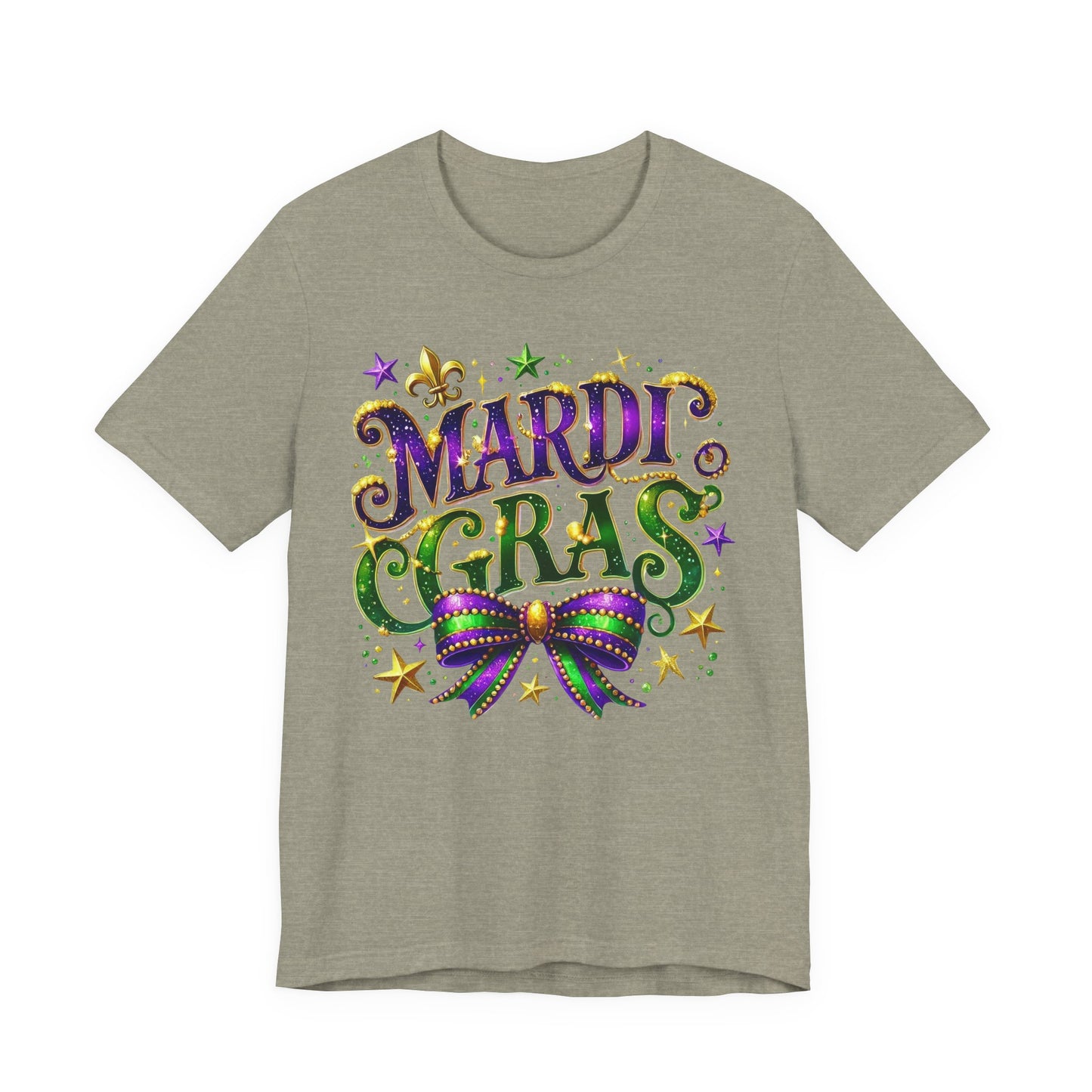 Mardi Gras Tee — Festive Purple, Green & Gold Carnival Shirt with Mask Bow