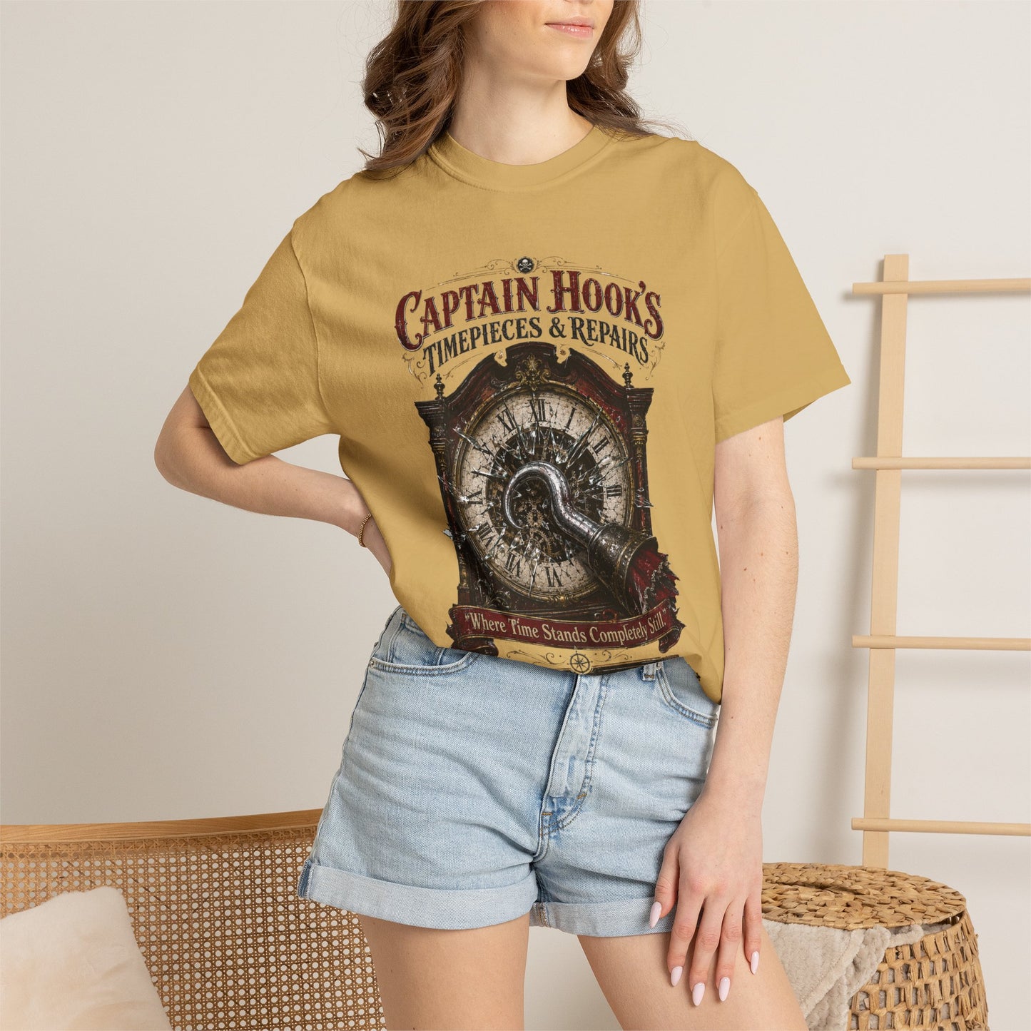 Captain Hook's Timepieces & Repairs Vintage Clock T-Shirt — Nautical Steampunk Repair Shop Tee