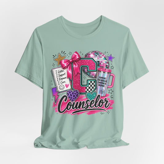 Counselor Tee – Cute Pink 'I Listen, I Support, I Care' School Counselor T-Shirt