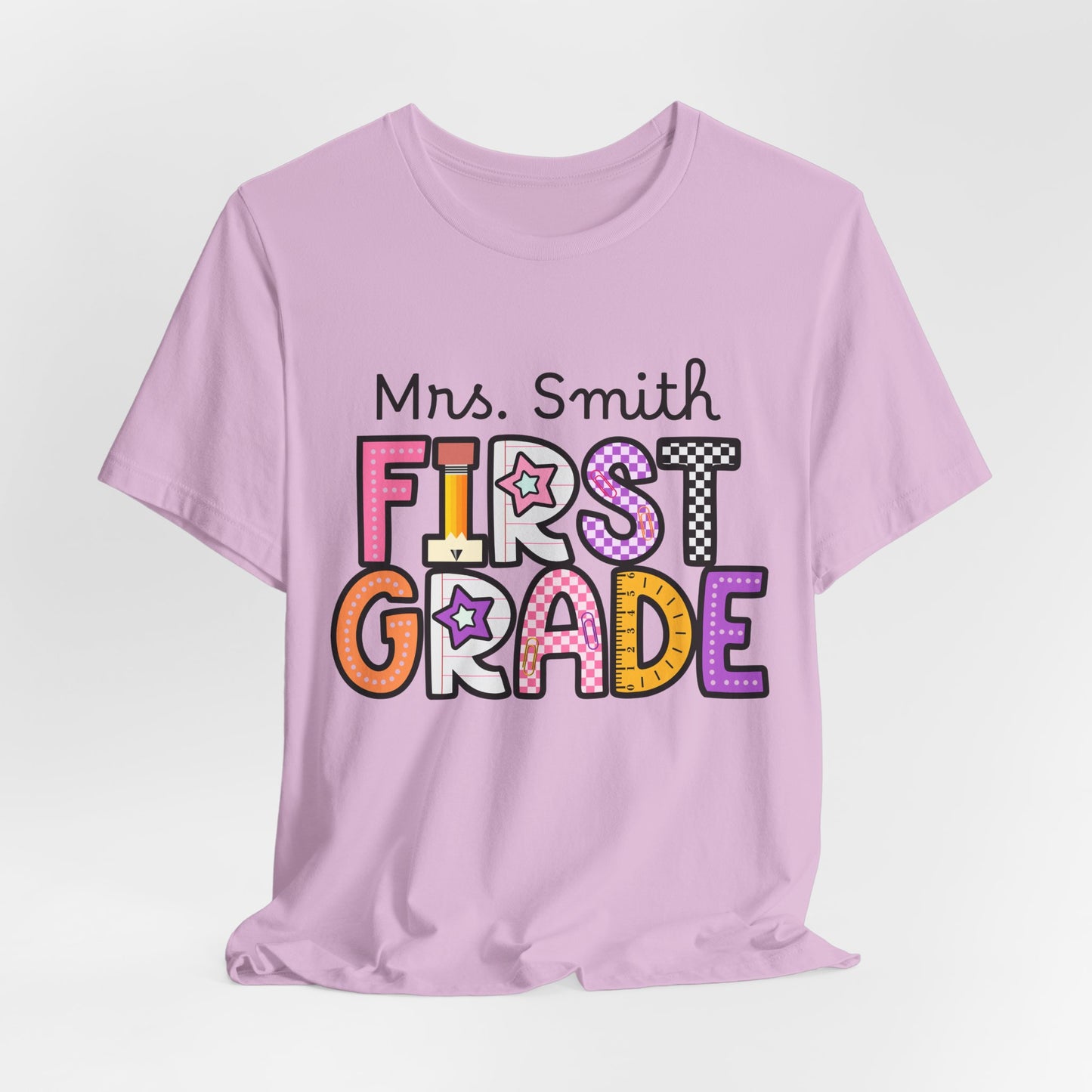 Personalized Colorful First Grade Teacher Graphic Tee