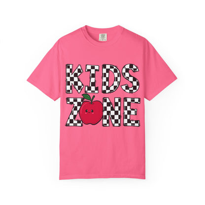 Kids Zone T-Shirt — Checkerboard Text with Cute Apple Graphic