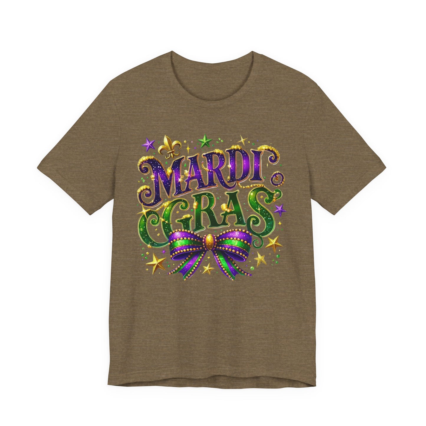 Mardi Gras Tee — Festive Purple, Green & Gold Carnival Shirt with Mask Bow