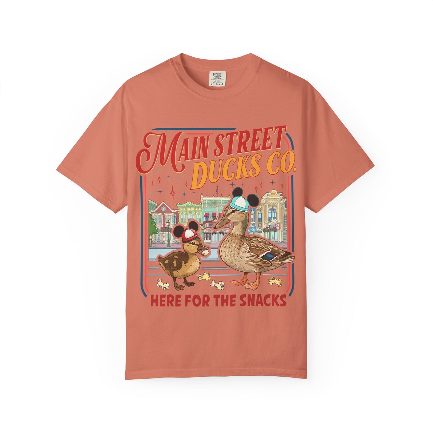 Main Street Ducks Co. T-Shirt — "Here for the Snacks" Vintage Duck Tee