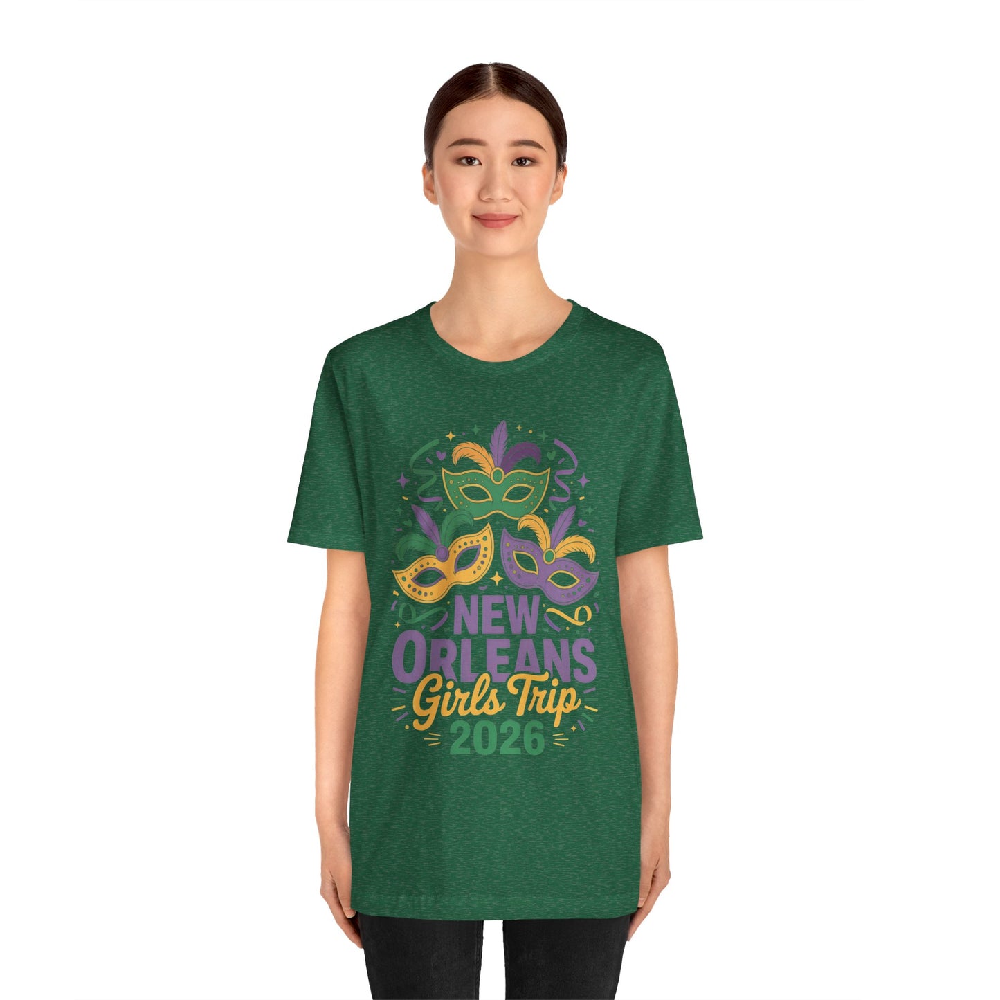 New Orleans Girl Trip 2026 T-Shirt — Mardi Gras Masks Bachelorette Tee