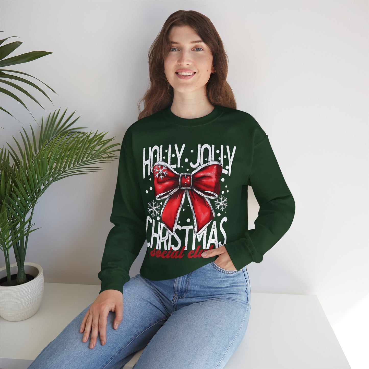 Holly Jolly Christmas Social Club Red Bow Christmas Crewneck Sweatshirt