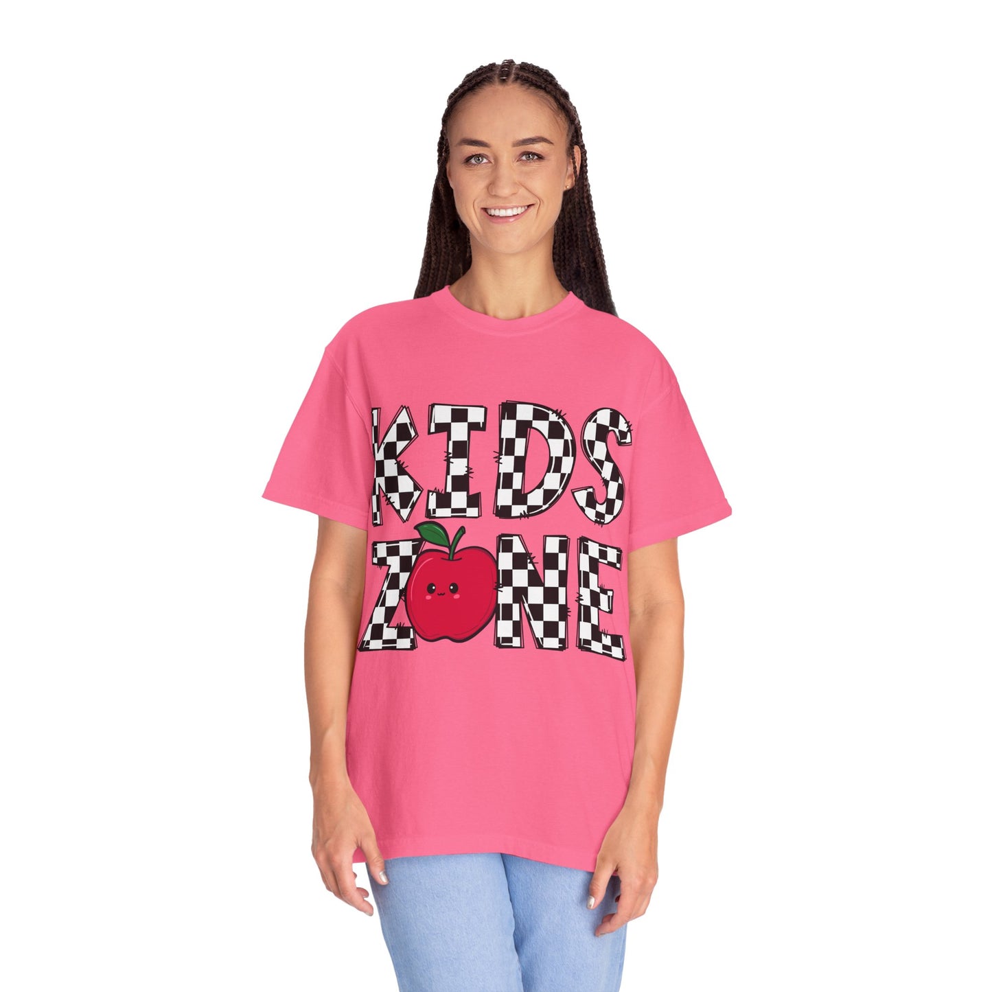 Kids Zone T-Shirt — Checkerboard Text with Cute Apple Graphic