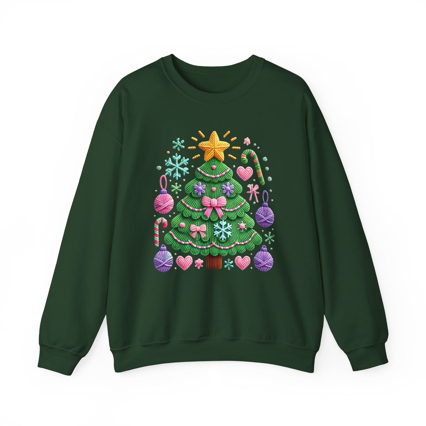 Cute Yarn Christmas Tree, Candy Cane & Ornaments Holiday Crewneck Sweatshirt