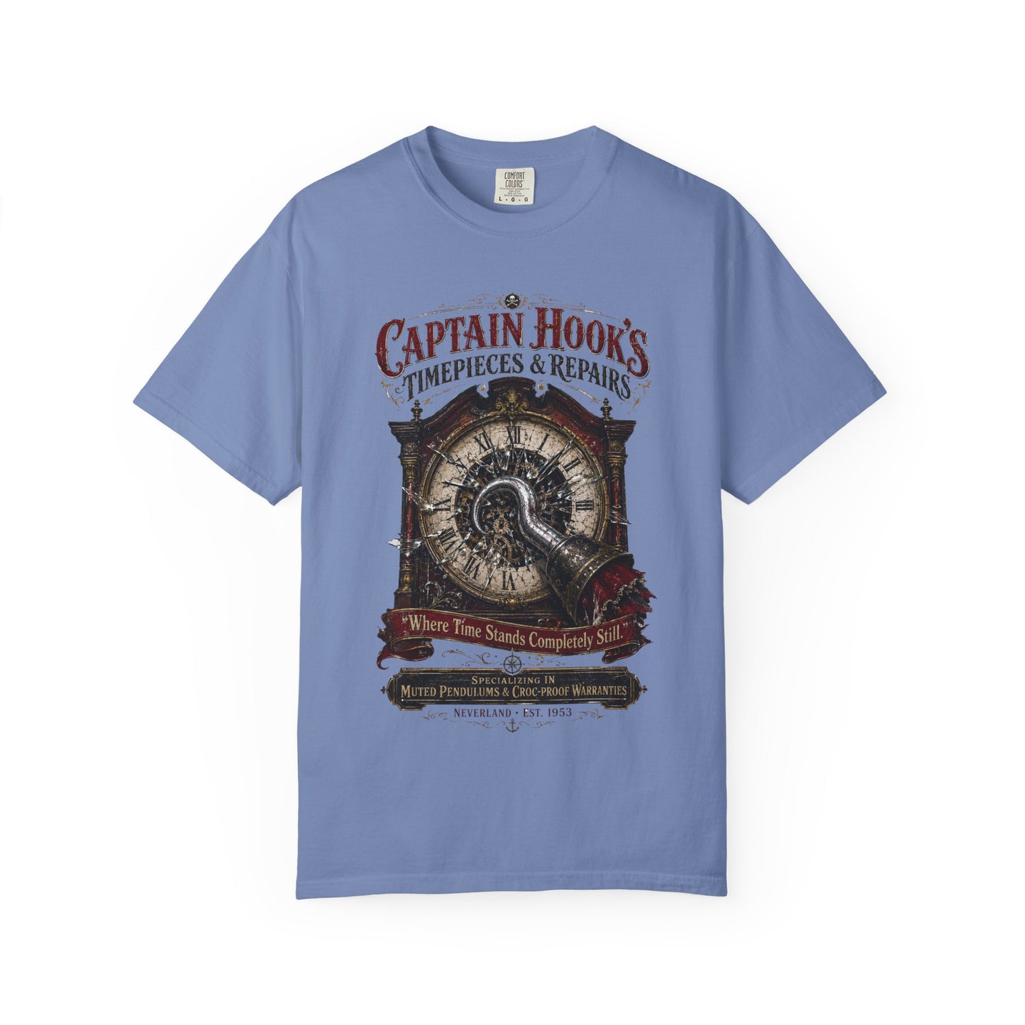 Captain Hook's Timepieces & Repairs Vintage Clock T-Shirt — Nautical Steampunk Repair Shop Tee