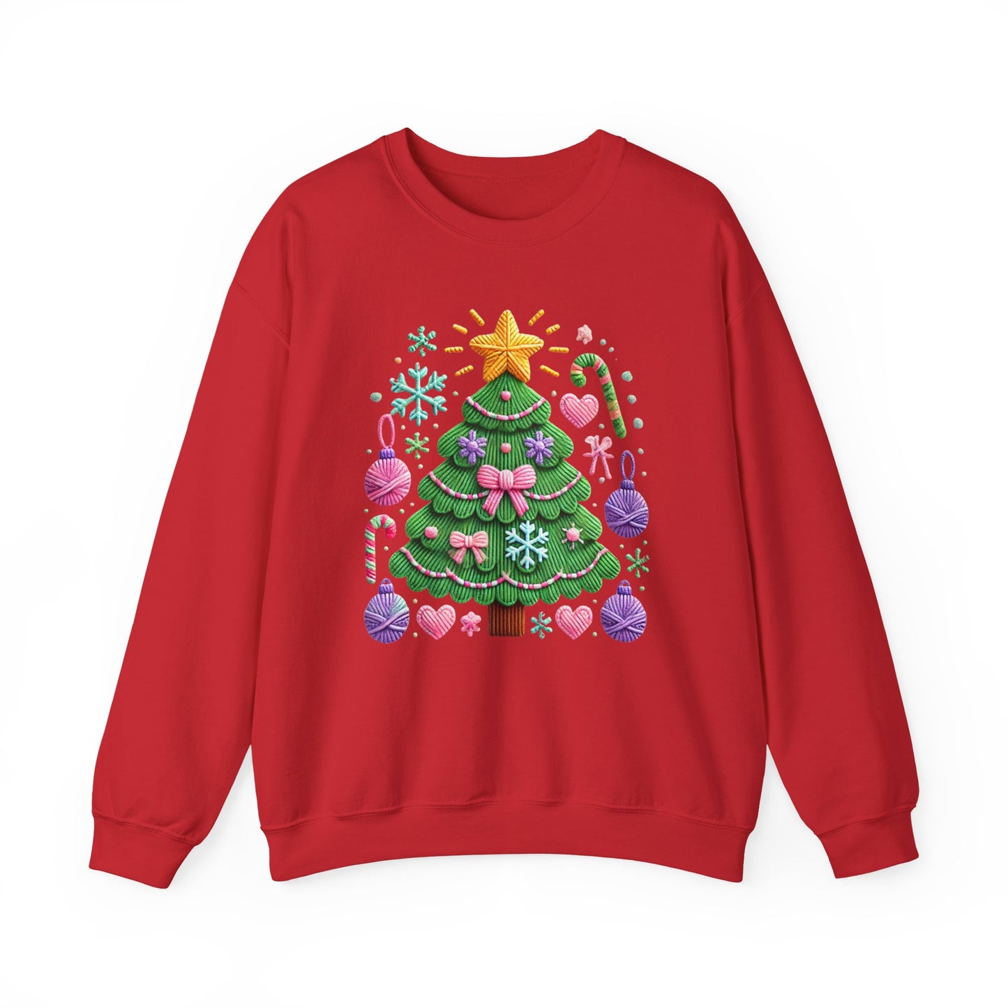 Cute Yarn Christmas Tree, Candy Cane & Ornaments Holiday Crewneck Sweatshirt