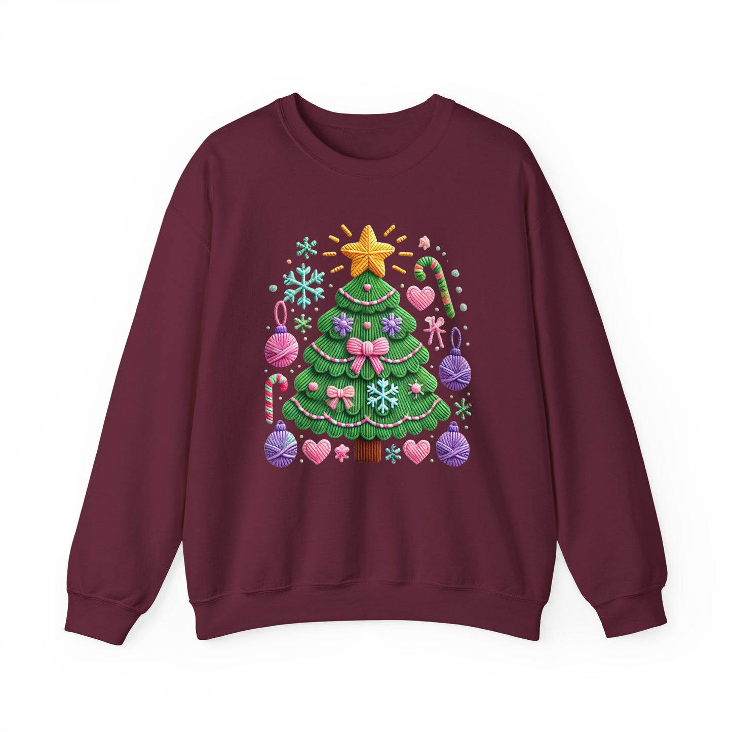 Cute Yarn Christmas Tree, Candy Cane & Ornaments Holiday Crewneck Sweatshirt