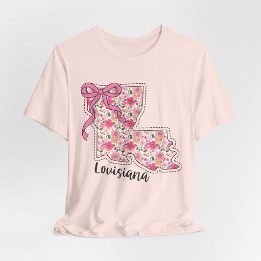Louisiana Floral State Tee — Pink Bow & Script