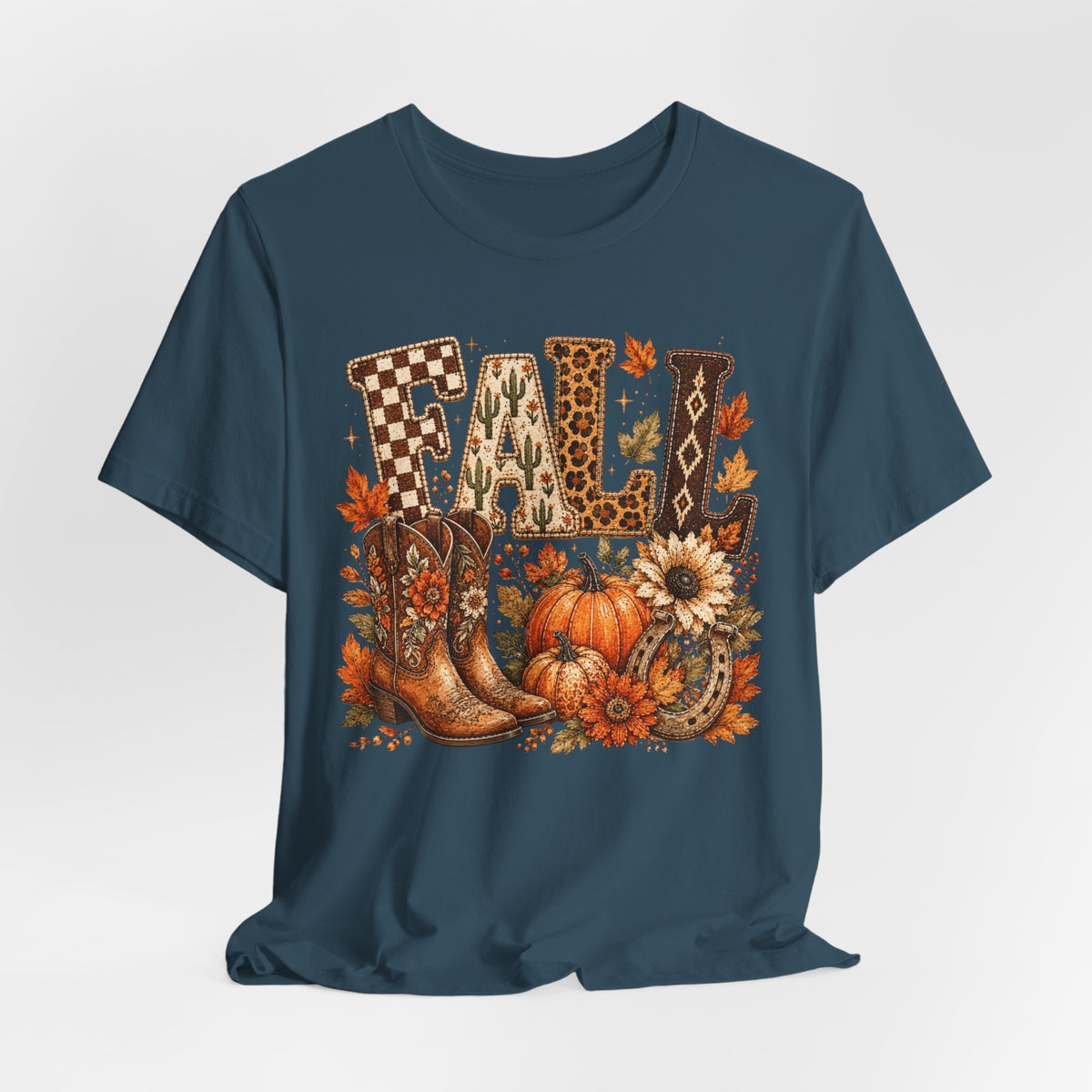 Fall Y’all T-Shirt — Cowboy Boots, Pumpkins & Sunflower Autumn Tee