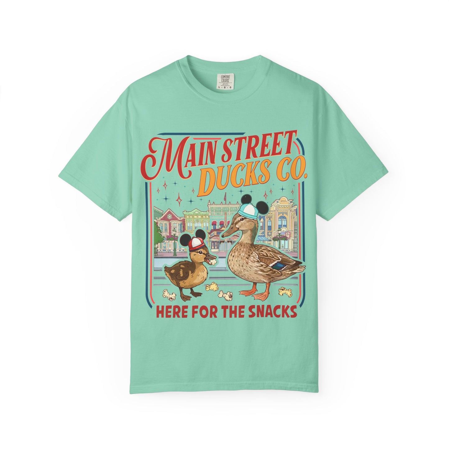 Main Street Ducks Co. T-Shirt — "Here for the Snacks" Vintage Duck Tee