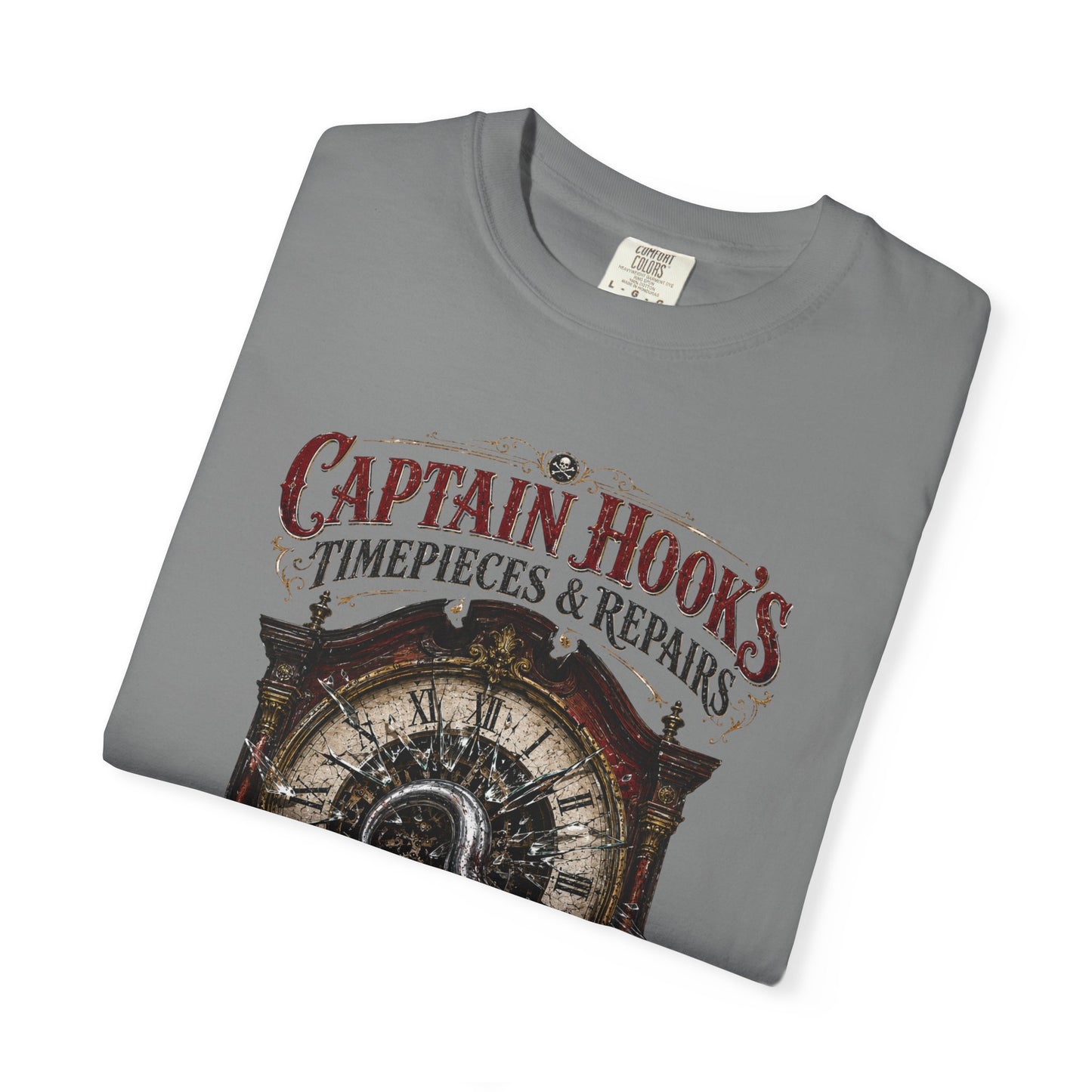 Captain Hook's Timepieces & Repairs Vintage Clock T-Shirt — Nautical Steampunk Repair Shop Tee