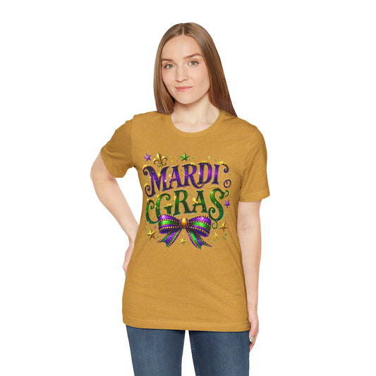 Mardi Gras Tee — Festive Purple, Green & Gold Carnival Shirt with Mask Bow