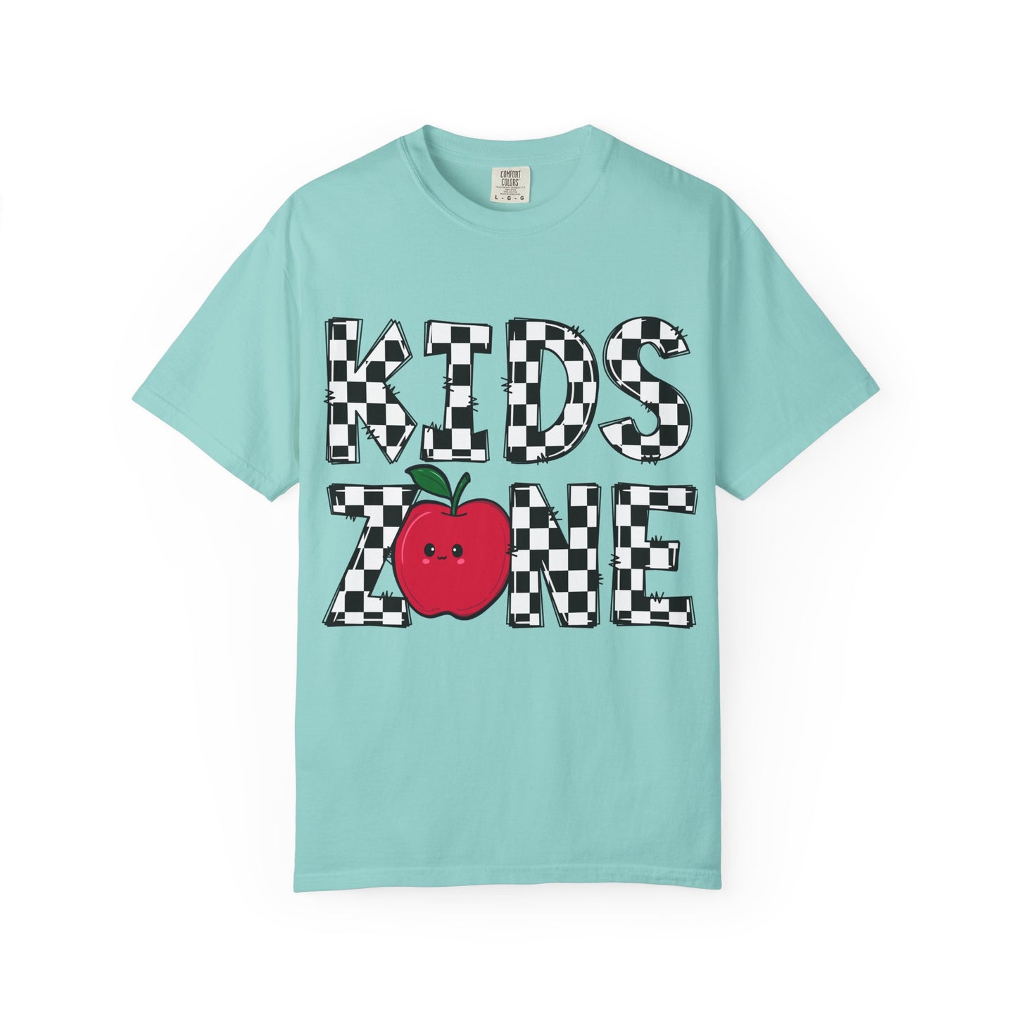Kids Zone T-Shirt — Checkerboard Text with Cute Apple Graphic