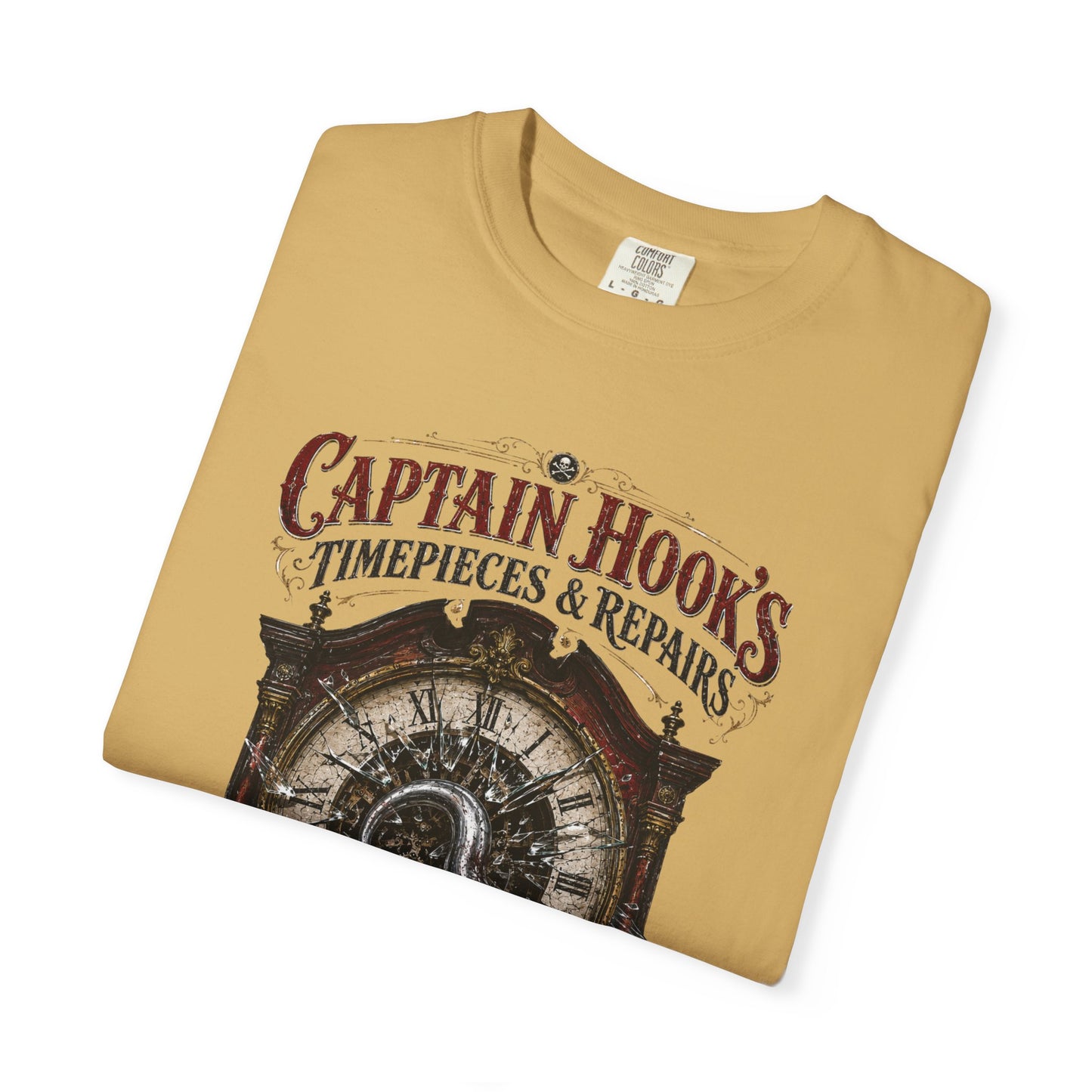 Captain Hook's Timepieces & Repairs Vintage Clock T-Shirt — Nautical Steampunk Repair Shop Tee