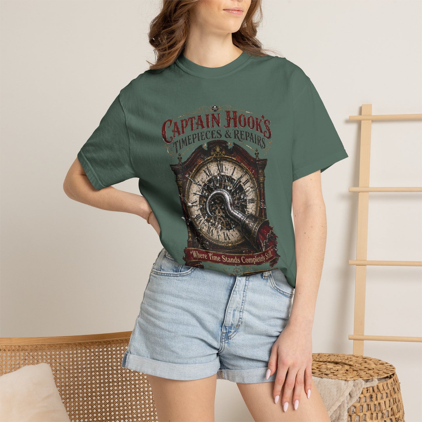 Captain Hook's Timepieces & Repairs Vintage Clock T-Shirt — Nautical Steampunk Repair Shop Tee
