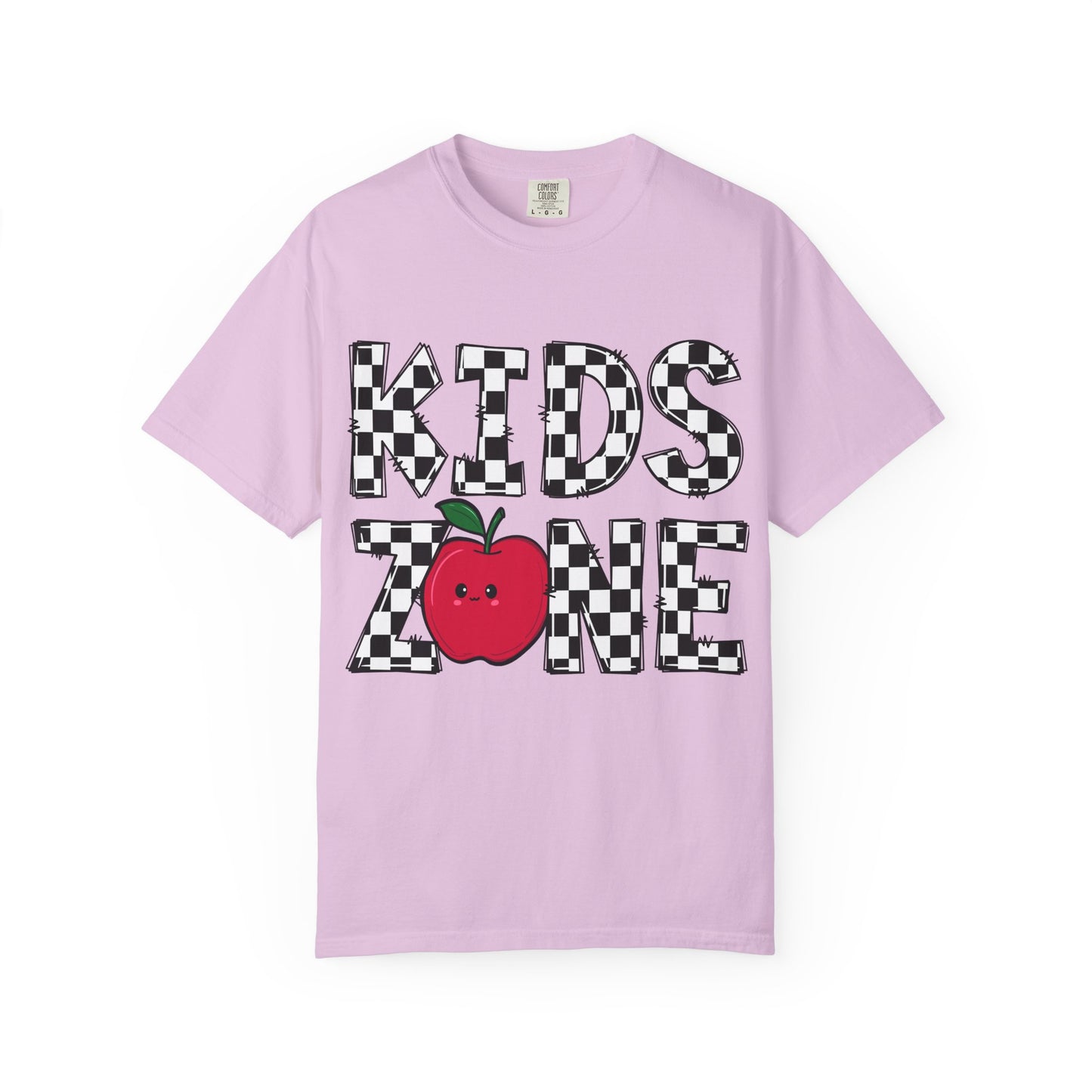 Kids Zone T-Shirt — Checkerboard Text with Cute Apple Graphic