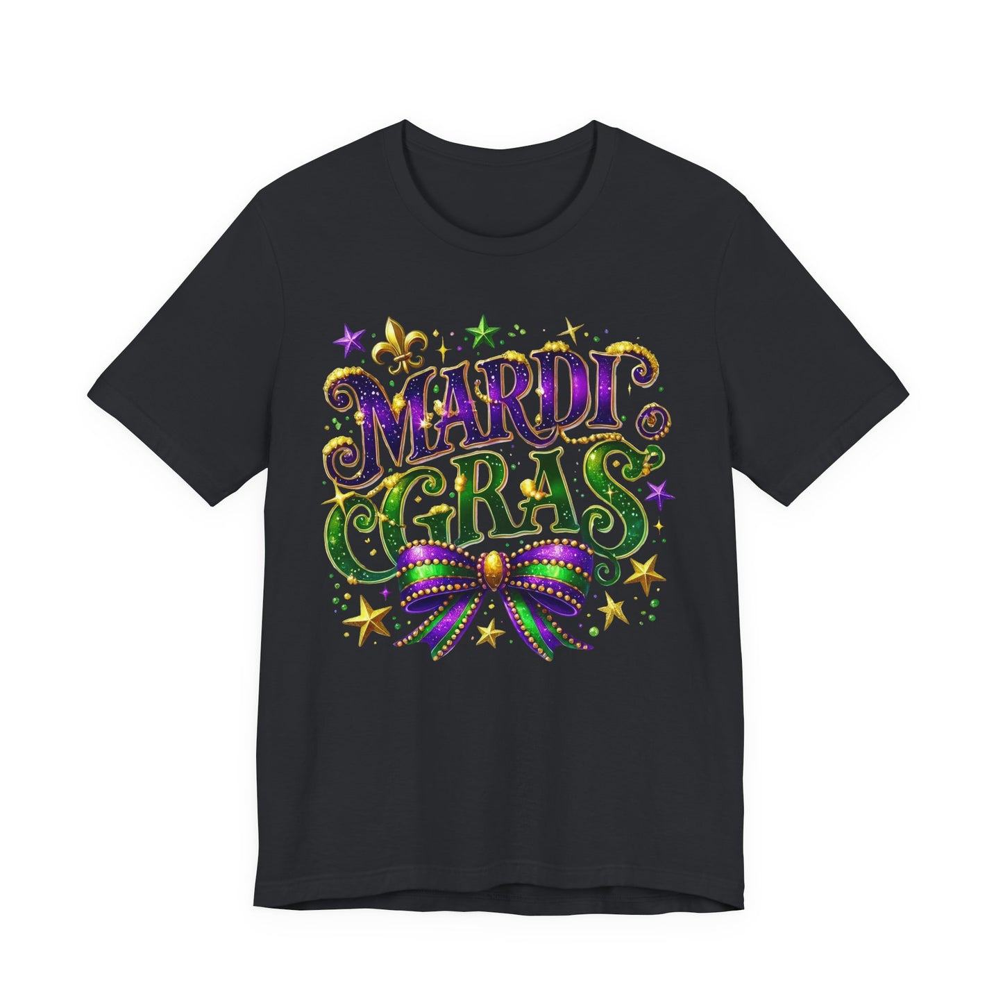 Mardi Gras Tee — Festive Purple, Green & Gold Carnival Shirt with Mask Bow